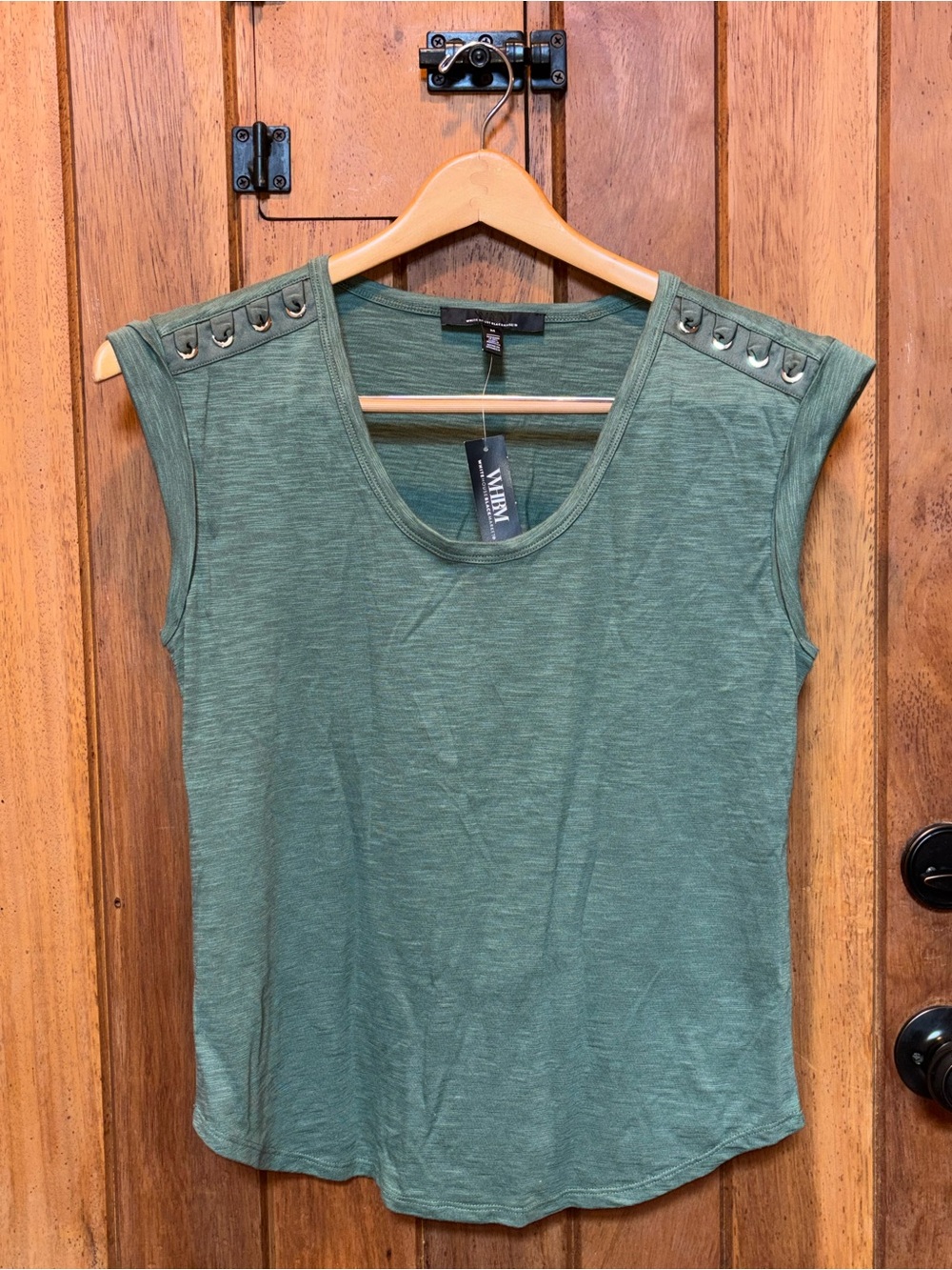 White House Black Market Short Sleeve Green Top With Shoulder Loop Detail